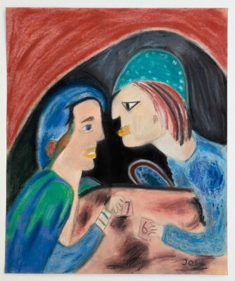 Jon Serl (Handmade) Drawing On old Paper Signed & Stamped Mixed Media