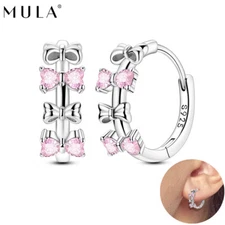 MULA Fine Pink Love Bow Hoop Earrings AAA CZ Women Jewelry 925 Sterling Silver