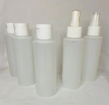 Travel Set of 5 Bottles, HDPE Food Grade w Flip, Sprayer & Lotion Pump Tops