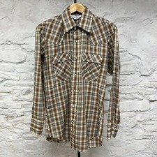 Levis Vintage 70s Western Shirt Pearl Snap Brown Blue Plaid Thin Made in USA Med