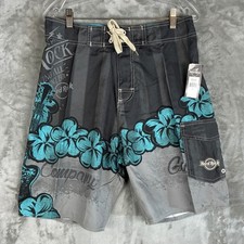 Hard Rock Cafe Mens Board Shorts Size 30 Black Teal Floral Guitar HR-5004 NWT
