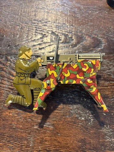 Vintage Marx Tin Litho WWI Machine Gun Gunner Toy w/ Crank - Makes Noise - WORKS