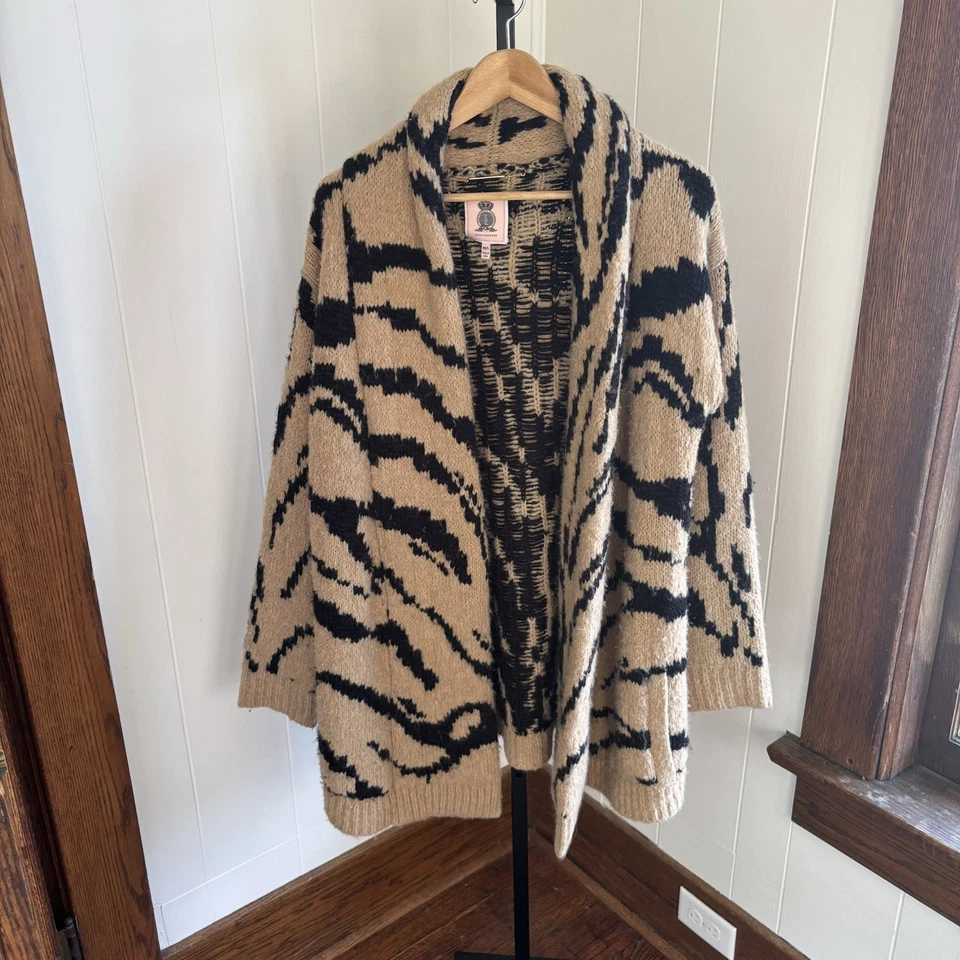 Juicy Cotoure Womens M/L Alpaca Wool Blend Zebra Print Tan Chunky Open Cardigan - Image 2 of 4