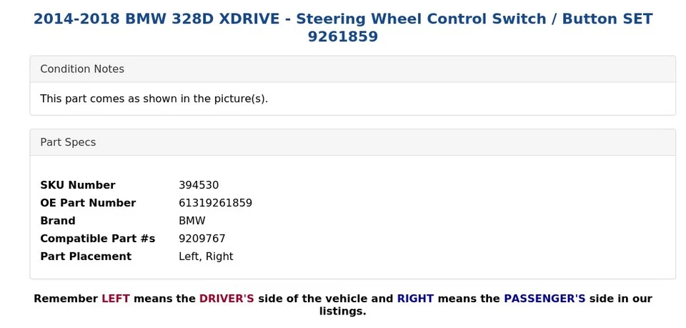 BMW 328D XDRIVE 2014-2018 - Interruptor de control del volante / juego de botones 9261859 Foto 3 de 4