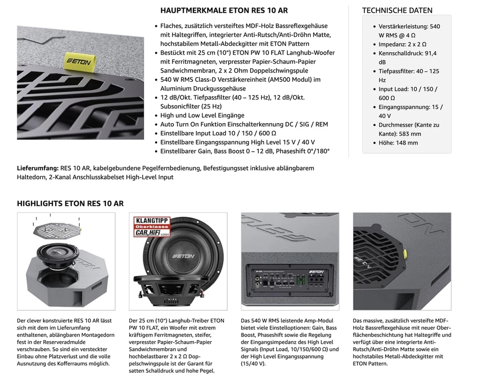 ETON RES10AR Flacher Aktiv Subwoofer für Reserverad-Mulde, Bassreflex Bassbox - Bild 3 von 4