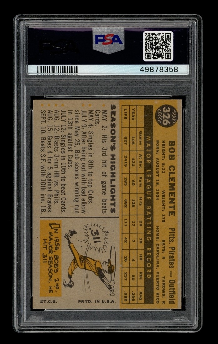 1960 Topps Set-Break #326 Bob Clemente PSA 6 EX-MT view 2