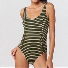 Red Carter Olive White Striped Braided Lace One Piece Bathing Suit Womens Large