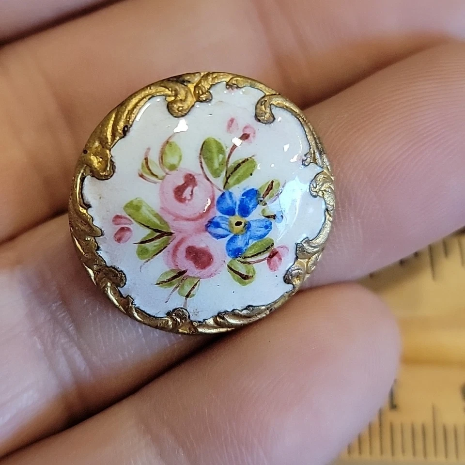 Beautiful Antique Enamel Button With Flowers And Gold Rococo Border NBS Medium - Image 4 of 4