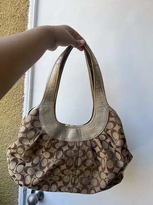Coach Signature Logo Shoulder Bag Brown/Beige Snap Closure Lined Pockets
