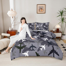 Black Grey White Camouflage Comforter Set Full Size Kids Aircraft Bedding Set 3P