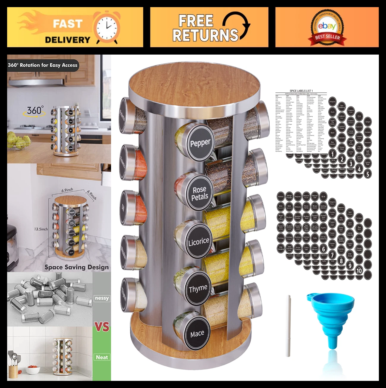 20-Jar Revolving Spice Rack Organizer - Rotating Kitchen Spice Tower with Labels