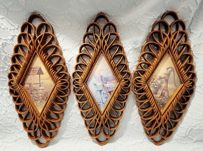 Vintage 70s MCM Burwood Wicker Diamond Shaped Decor Plaques 14x7 Cottagecore