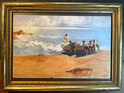 Petite marine, peinture d'hommes sur la plage avec une barque vers 1880 - Photo 1/4