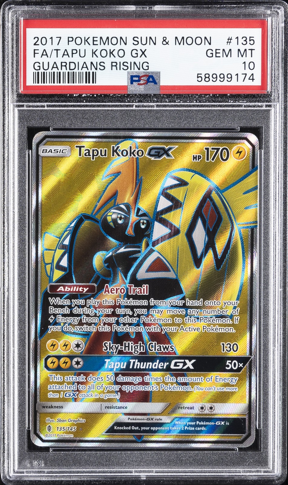 2017 POKEMON SUN & MOON GUARDIANS RISING #135 FULL ART/TAPU KOKO GX PSA 10