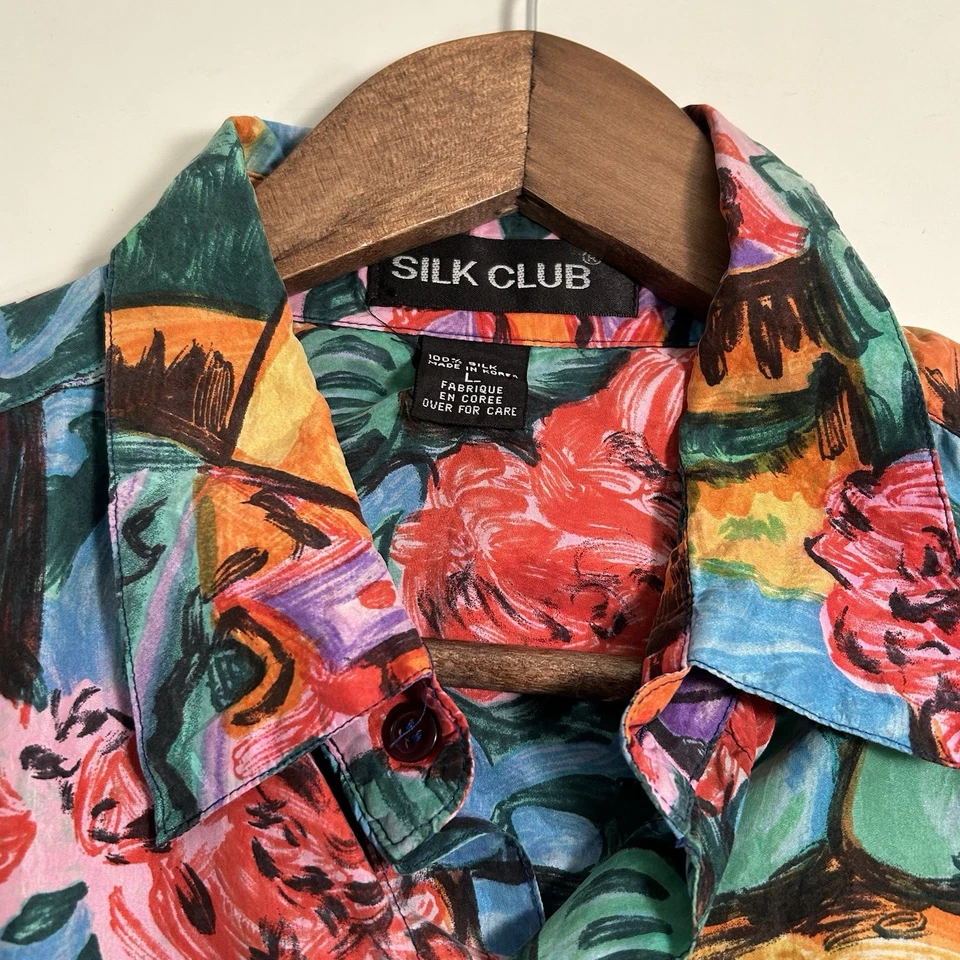 Camisa de campamento de seda vintage años 90 club para hombre L retro artística relajada escénica Foto 2 de 4