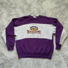 VTG 90S NFL MINNESOTA VIKINGS FOOTBALL PURPLE CREWNECK SWEATSHIRT L COLOR BLOCK
