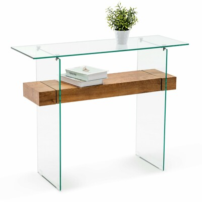 #ad Ivinta Narrow Glass Console Table with Wood Storage Shelf Enterway Sofa Table $159.99