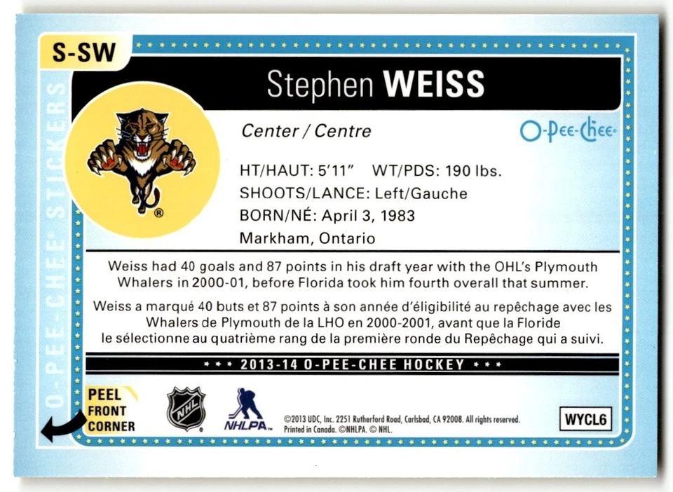 Stephen Weiss 2013-14 O-Pee-Chee Stickers #S-SW Los Angeles Kings - Image 2 of 2