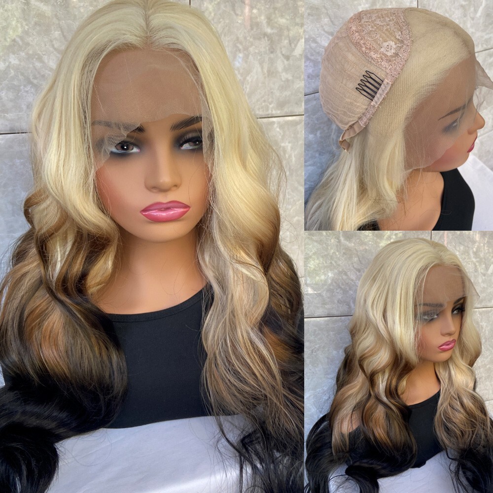 Human hair blend brown mix blonde lace front wig 180 Density Human Hair Body Wave Wig Honey Blonde Brown  main image 4