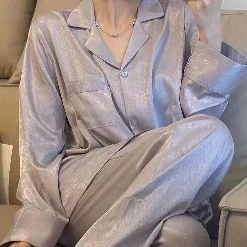 Pijama Seda Hielo Mujer Pijama Primavera Manga Larga Hogar Set - Imagen 12 de 49