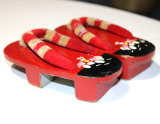 Vintage Japanese Red Small Child Wooden Hand Painted Sandal Shoes