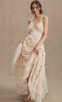 Anthropologie Mac Duggal Floral Embroidered Crisscross Tiered Tulle Gown  Dress 8 | eBay