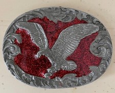 VTG Silver Tone Eagle Belt Buckle w Red Background