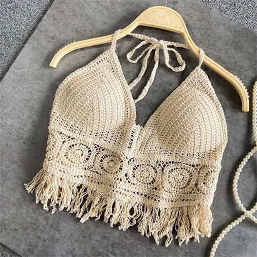 Cream Handmade Crochet Lace Halter Bralette Top Boho Festival Beach Crop Top