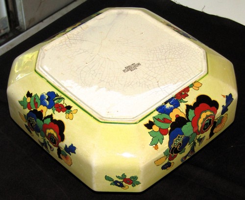 Antique Art Nouveau Vintage Flosmaron Square Ceramic Bowl 1920s Damaged EPNS rim - Picture 7 of 14