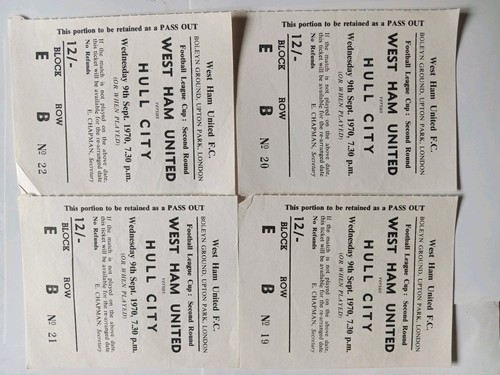 Vintage Old Football West Ham UNITED 9/9/1970 Hull city ground tickets 4 set 4 - Picture 4 of 6