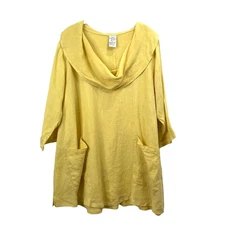 Match Point 100% linen cowl neck blouse top Size S yellow lagenlook boho