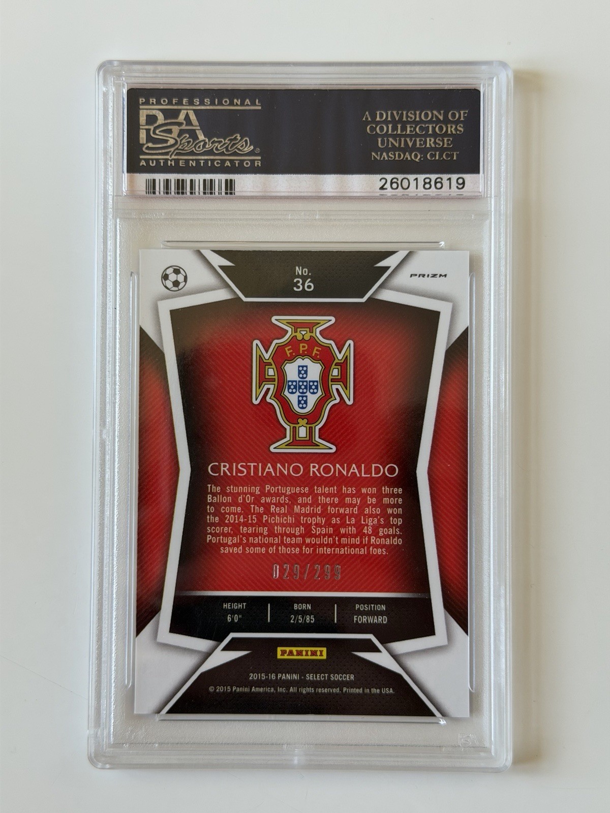 CRISTIANO RONALDO 2015-16 SELECT BLUE PRIZM /299 #36 PORTUGAL PSA 10 Panini view 2