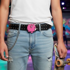 Men Women Metal Belt Buckle Pink Piggy Bank Animation Teens Kids Style Accessory
