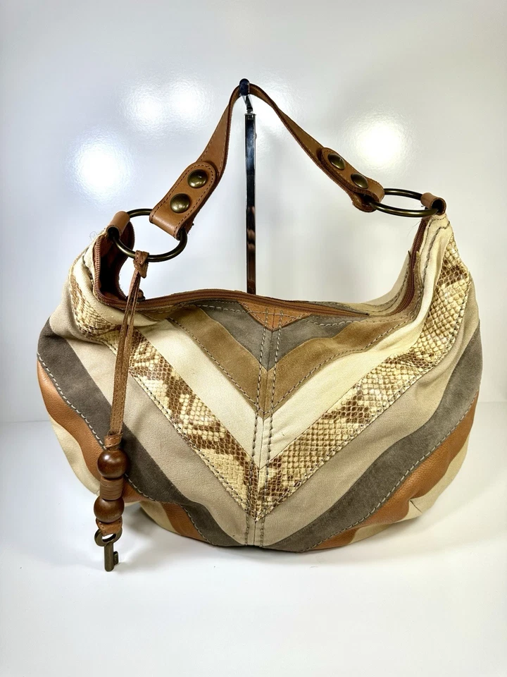 Rare Fossil Brown Patchwork Leather Suede Hobo Shoulder Handbag Purse Light Use - Image 2 of 4
