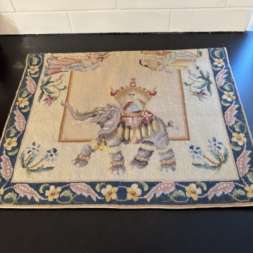 Vintage Tapestry Rug Adorned Elephant Pictorial Indian Motif Handmade 21.5x34”