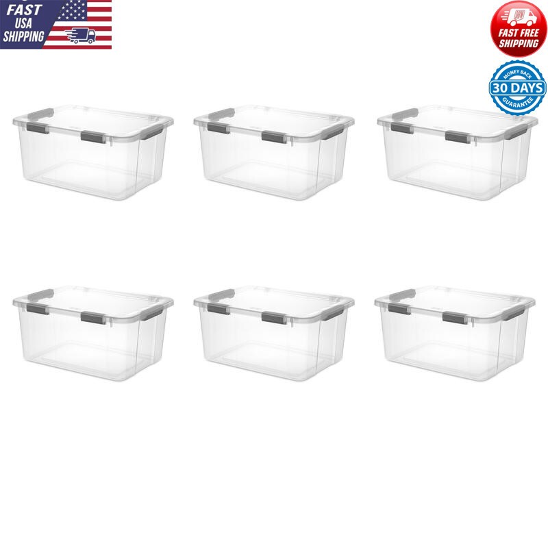 60Qt Hinge Lid Storage Box 6 Pc Easy Access Durable Handles BPA & Phthalate Free