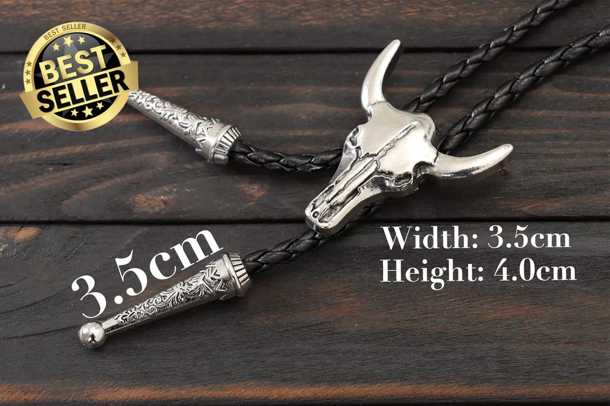 Western Vintage Bolo Tie for Men - Cow Skull Design Cowboy Tie - Black Leather B