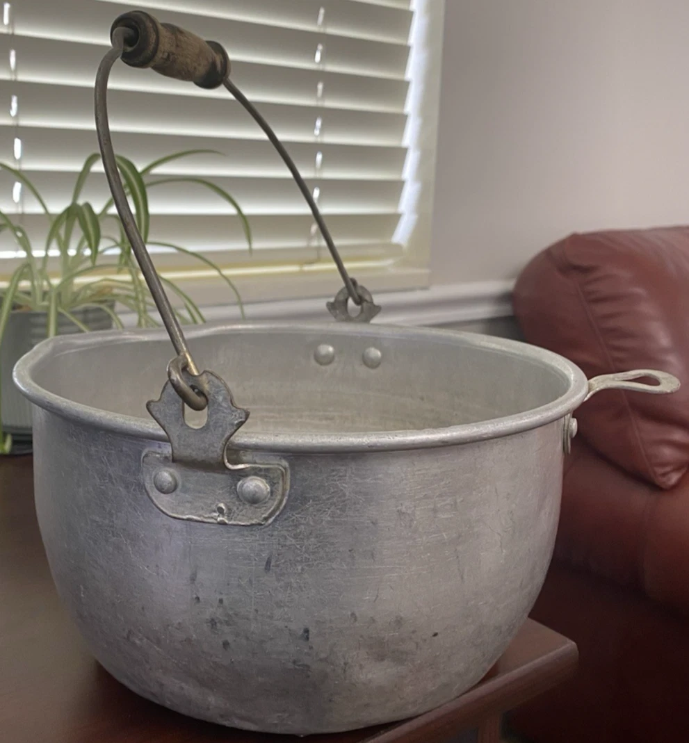 Vintage Aluminum Bucket Pail with Wooden Handle Rustic Farmhouse Decor