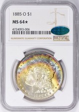 1885-O NGC CAC MS64 ☆ Morgan Dollar, Rainbow Textile Crescent Toned, Star, CAC!