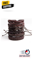 6PCS Braided Leather Brown Bracelet Cuff Wrap Wristband for Men Women Gift