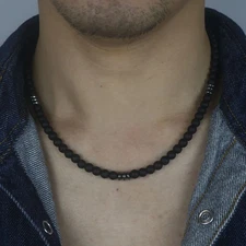 Beaded Lava Stone Necklace 6mm Surfer Collar Natural Black Men Jewelry