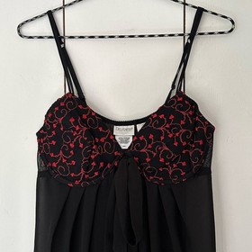 VTG DELICATES Black Lingerie Gown Sz M Red Embroidered Hearts Sheer Open Front