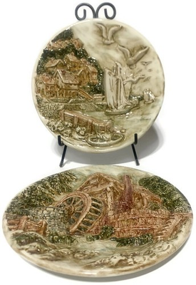#ad Old Water Mill and Seaside Town 2 Dimensional Hanging Wall Art Plate Set of Two $35.00