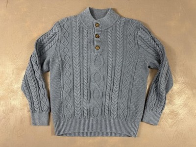 LL Bean Sweater Mens Large Blue Cable Knit Henley Mock Neck Cotton Heavyweight