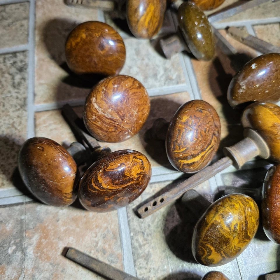 (38) Antique Porcelain Door Knobs - Brown Tiger Swirl Bennington round marbled - Image 4 of 4