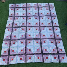 Log Cabin Style Diamond Quilt  73” x 91” Handmade With Love Pink Vintage Scraps