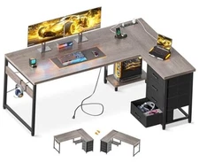  L Shaped Desk with 4 Tier Drawers, 61" Reversible Gaming Desk 61 Inch Grey Oak