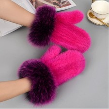 Women's Double Side Real Mink Fur Gloves Mitten  Real Fox Fur Wristband Trim