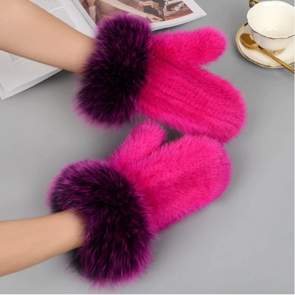 100% Real Mink Fur Gloves Full Finger Mittens Real Fox Fur Cuffs High Elastic - Image 4 of 4