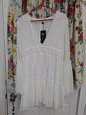 NWT LARGE Boutique White Dress Chiffon Bell Sleeve Ruffle Wedding